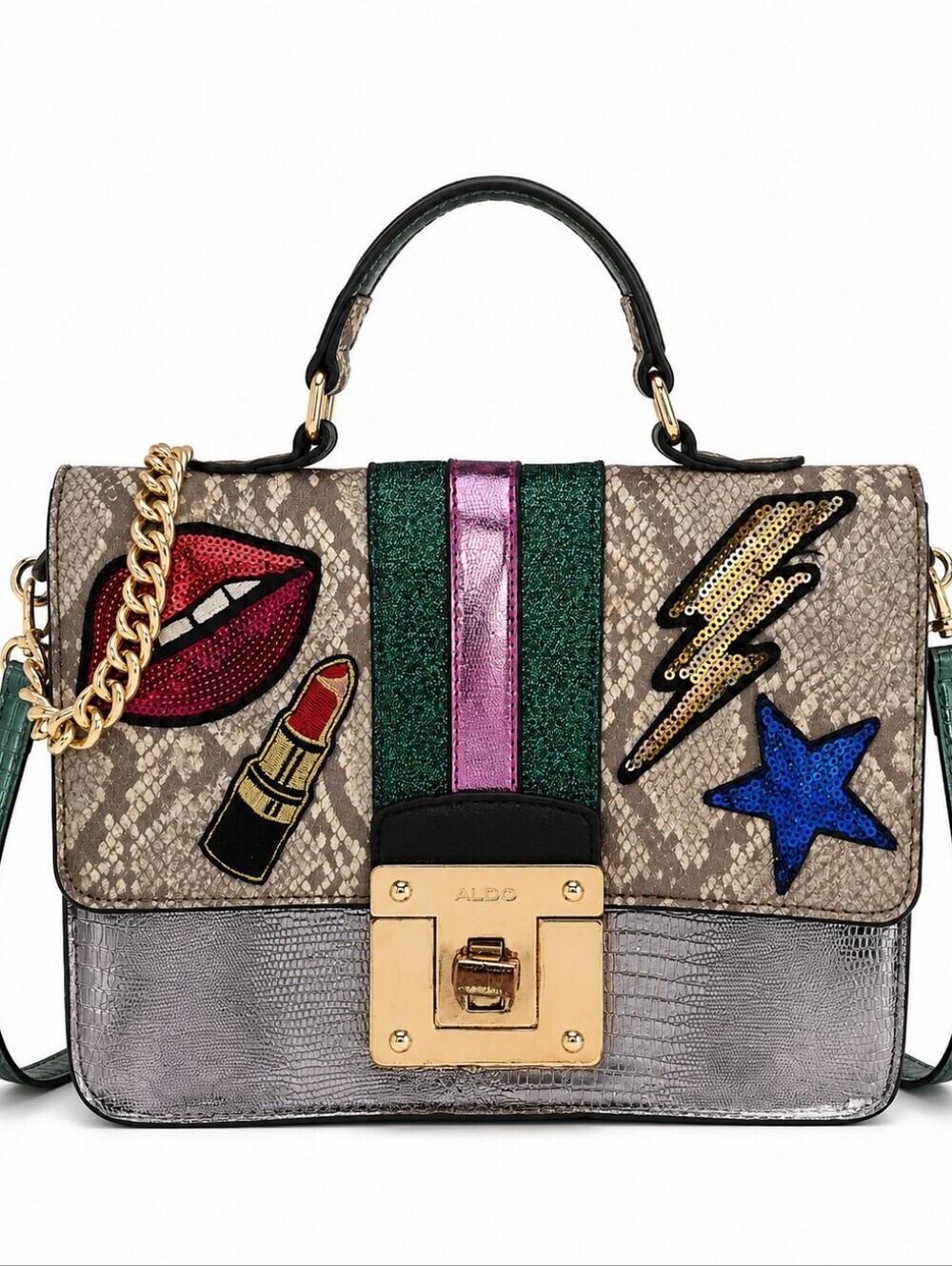 Aldo Crossbody Bag  Metallic Silver & Snake Print With Patchwork